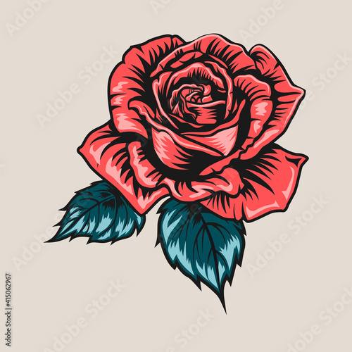 Rose vintage tattoo element. Red bud, green leaves, flower vector illustration. Tattoo studio concept for symbols and emblems templates