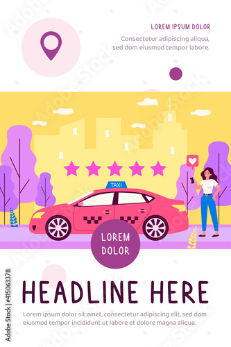 Happy woman assessing taxi service in app. Car, star, rating flat vector illustration. Transportation and urban lifestyle concept for banner, website design or landing web page
