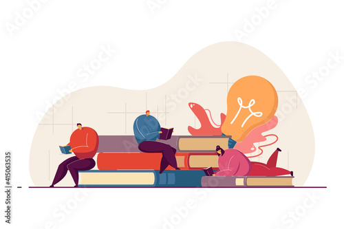 Bookworms or book lovers enjoying reading in library or bookstore. Students studying textbooks. Vector illustration for literature, hobby, education, readers concept