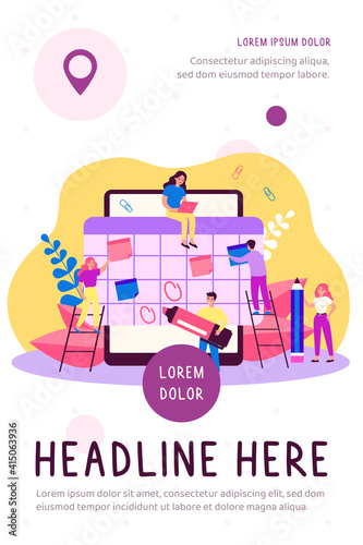 Happy tiny employees making organizer or schedule in big tablet flat vector illustration. Cartoon students organizing planner in app. Event appointment and communication concept