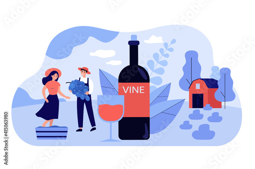 Happy tiny couple producing natural wine flat vector illustration. Cartoon characters growing organic grapes for making wine. Alcohol drinks and production concept