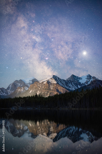 The Milky Way reflecting in Herbert Lake along the Icefields Parkway in Banff National Park, shot with a 45mm lens.