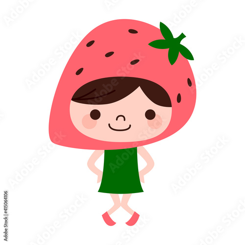 苺のキャラクター。果物のイチゴの被り物をした女の子。