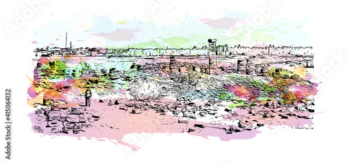 Building view with landmark of Cairo is the
capital of Egypt. Watercolour splash with hand drawn sketch illustration in vector.