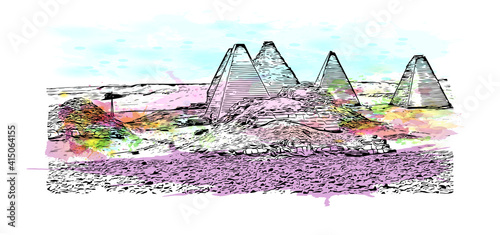 Building view with landmark of Cairo is the
capital of Egypt. Watercolour splash with hand drawn sketch illustration in vector.