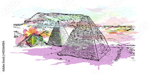 Building view with landmark of Cairo is the
capital of Egypt. Watercolour splash with hand drawn sketch illustration in vector.