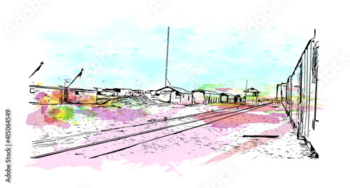 Building view with landmark of Cairo is the
capital of Egypt. Watercolour splash with hand drawn sketch illustration in vector.