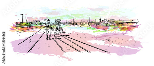 Building view with landmark of Cairo is the
capital of Egypt. Watercolour splash with hand drawn sketch illustration in vector.