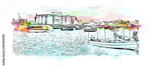 Building view with landmark of Cairo is the
capital of Egypt. Watercolour splash with hand drawn sketch illustration in vector.