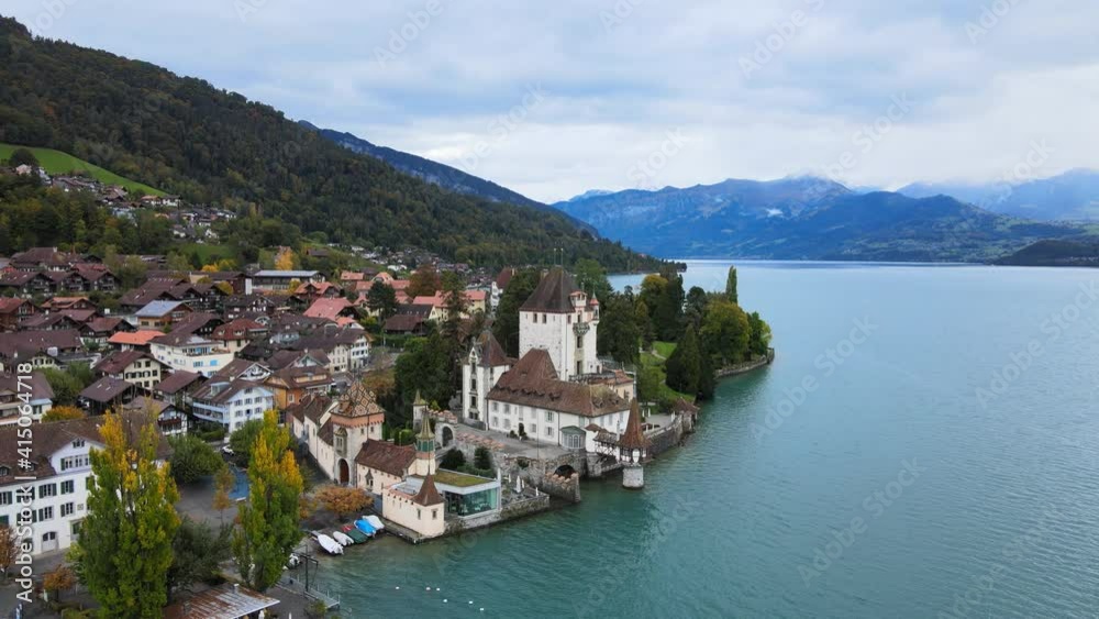 Famous Castle Oberhofen at Lake Thun in Switzerland - drone footage Famous Castle Oberhofen at Lake Thun in Switzerland - drone footage