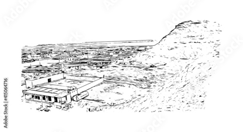 Building view with landmark of Cairo is the
capital of Egypt. Hand drawn sketch illustration in vector.