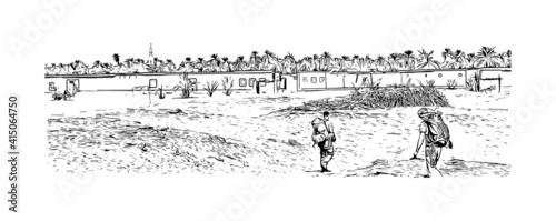 Building view with landmark of Cairo is the
capital of Egypt. Hand drawn sketch illustration in vector.