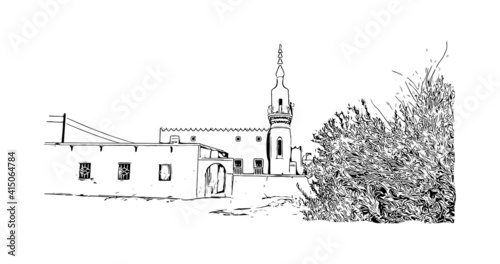Building view with landmark of Cairo is the
capital of Egypt. Hand drawn sketch illustration in vector.