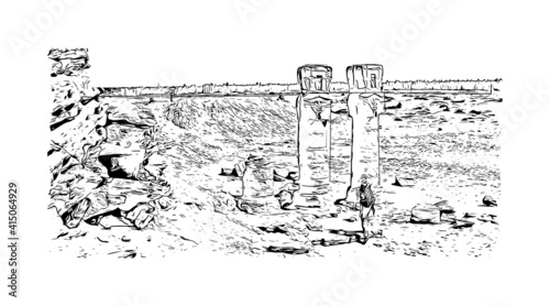 Building view with landmark of Cairo is the
capital of Egypt. Hand drawn sketch illustration in vector.