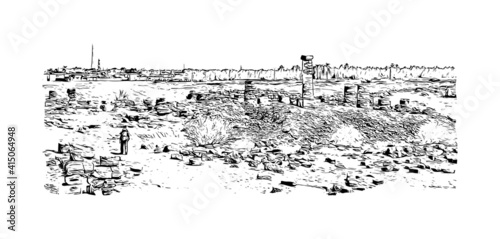 Building view with landmark of Cairo is the
capital of Egypt. Hand drawn sketch illustration in vector.