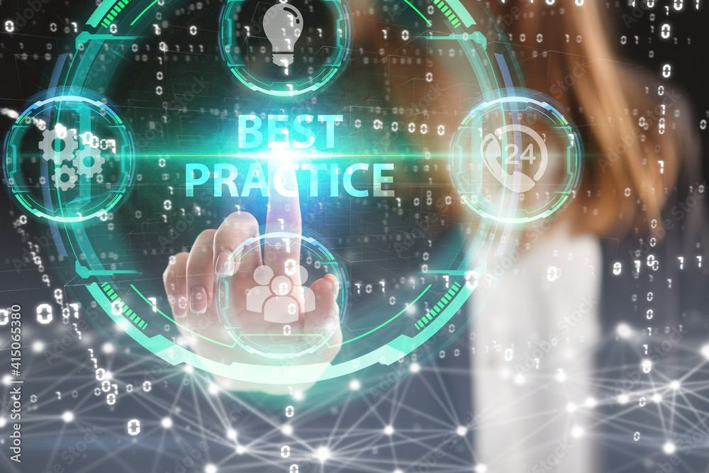 Business, Technology, Internet and network concept. Young businessman working on a virtual screen of the future and sees the inscription: Best practice Business, Technology, Internet and network concept. Young businessman working on a virtual screen of the future and sees the inscription: Best practice