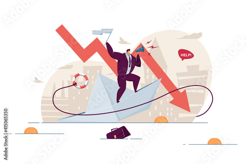 Bankrupt losing money and business. Businessman asking for help on sinking paper ship. Vector illustration for financial trouble, failure, crisis, recession, bankruptcy concept