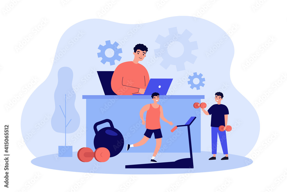Cheerful man working and exercising in fitness-friendly office isolated flat vector illustration. Cartoon l businessman in health-conscious workspace. Healthy lifestyle and sport activity concept Cheerful man working and exercising in fitness-friendly office isolated flat vector illustration. Cartoon l businessman in health-conscious workspace. Healthy lifestyle and sport activity concept