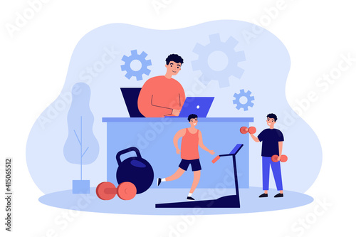 Cheerful man working and exercising in fitness-friendly office isolated flat vector illustration. Cartoon l businessman in health-conscious workspace. Healthy lifestyle and sport activity concept