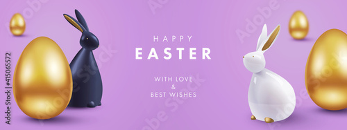 Easter banner, card, holiday cover, poster or flyer design in 3d realistic style with golden eggs, white and black rabbit on violet background. Modern design for social media, sale, advertisement, web