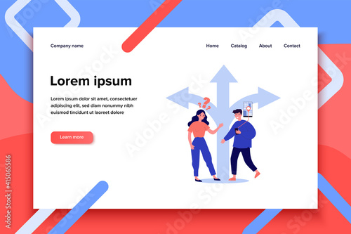 Young people choosing way and using GPS. Map, route, arrow flat vector illustration. Direction and navigation concept for banner, website design or landing web page