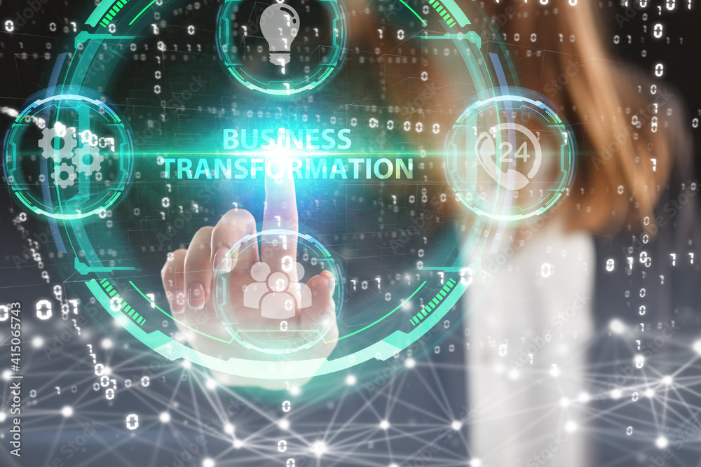 Business, Technology, Internet and network concept. Young businessman working on a virtual screen of the future and sees the inscription: Business transformation Business, Technology, Internet and network concept. Young businessman working on a virtual screen of the future and sees the inscription: Business transformation