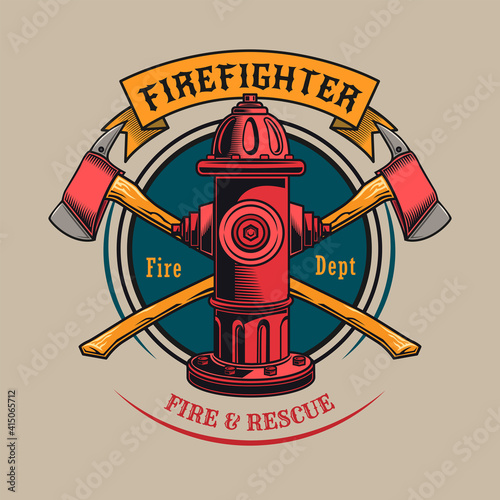 Colorful badge with fire hydrant vector illustration. Vintage label with crossed axes and red hydrant. Emergency and firefighting concept can be used for retro template