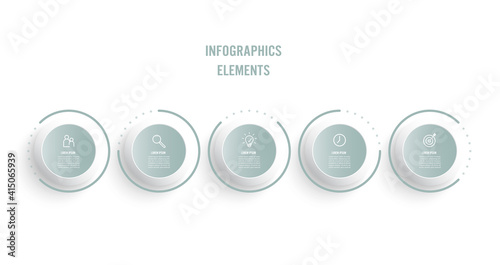 Business infographic thin line process with circles template design with icons and 5 options or steps. Vector illustration.