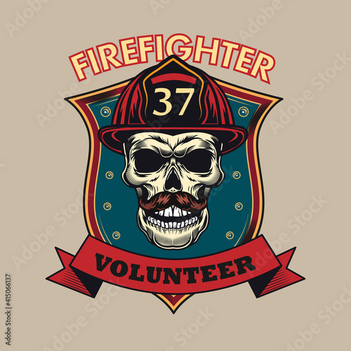 Colorful banner with firefighter skull vector illustration. Colored emblem for firefighting department. Emergency and firefighting concept can be used for retro template, banner or poster