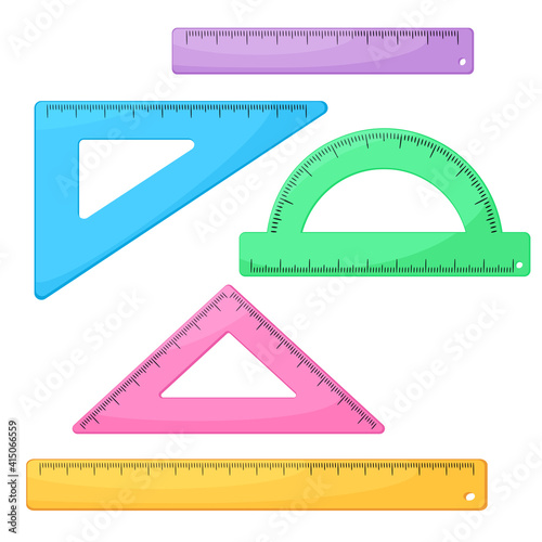 A set of bright vector rulers of different shapes. Protractor, triangular rulers. Flat style illustration isolated on white background.