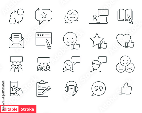 Business and finance web line icon set. Testimonials, customer relationship management or CRM concept. Simple outline style symbol collection. Vector illustration isolated. Editable stroke EPS 10.