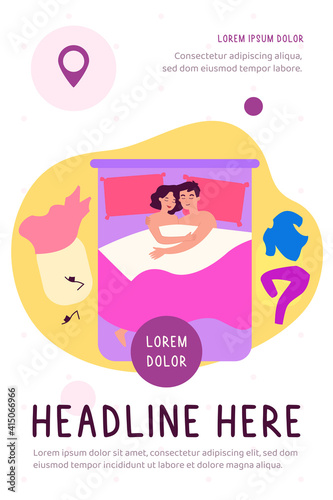 Funny romantic couple lying in bed after sex and hugging flat vector illustration. Cartoon man and woman in love sleeping in bedroom, clothes scattered around. Sexual relationship and intimacy concept