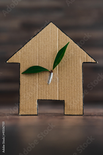 green home and energy efficiency, ecological house icon with leaves on it on wooden background photo