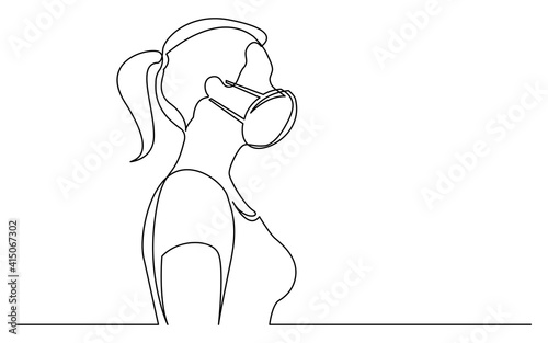 continuous line drawing of isolated on white background profile portrait of sporty woman