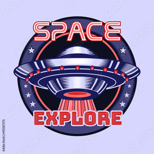 Round retro emblem with UFO. Colorful label design with extraterrestrial flying machine. Universe and galaxy adventure concept for band stamp, label, sign template