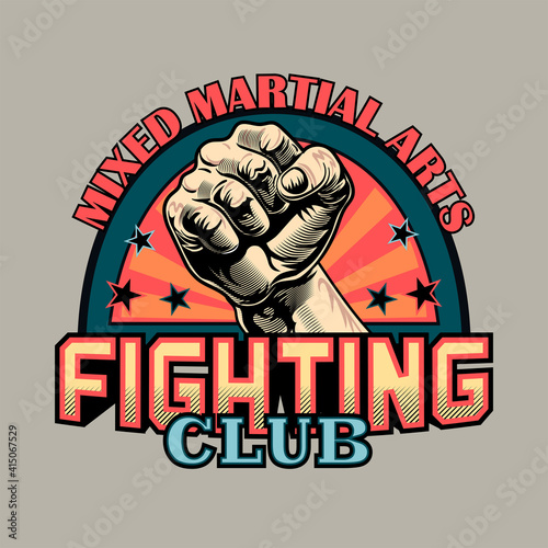 Colored stylish emblem for mixed martial arts. Creative design elements with human fist and text in trendy label. Sport activity or MMA concept for fighting club stamp, label, sign template
