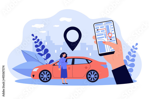 Woman using GPS system in app on her mobile phone isolated flat vector illustration. Cartoon hand holding smartphone with city map and location pin. Navigation and cartography concept