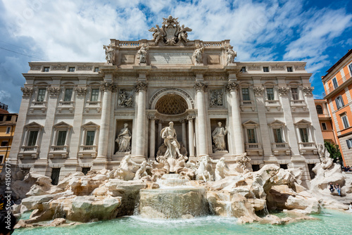 Italy, Rome. The Trevi Fountain, designed by Nicola Salvi. Aqua Virgo, 'Ocean' in center and four allegorical figures on sides representing value of rain to agriculture, prairies and gardens.
