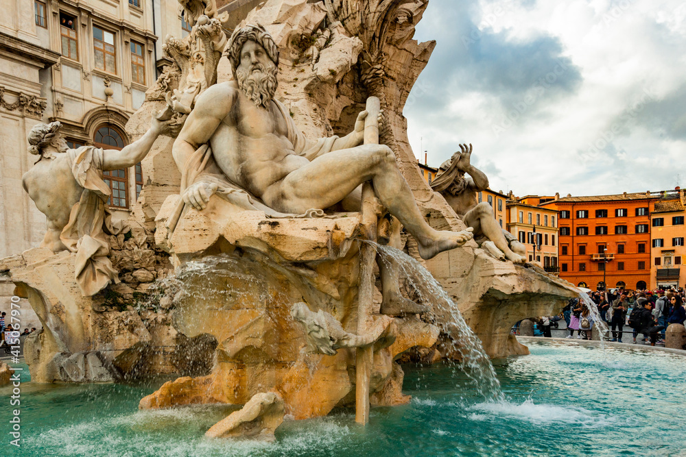 Italy, Rome. Piazza Navona, Fountain of the Four Rivers (Fontana dei Quattro Fiumi), designed 1861 by Bernini, God of the Ganges River.