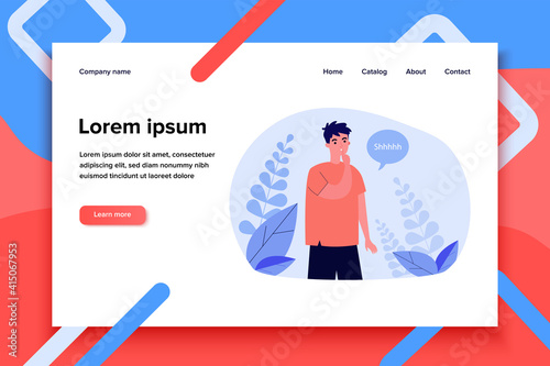 Young man showing shh or stop talking gesture, keeping secret and conspiracy. Flat vector illustration for silence, keeping quiet, secrecy concept