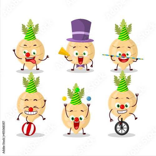 Cartoon character of radish with various circus shows