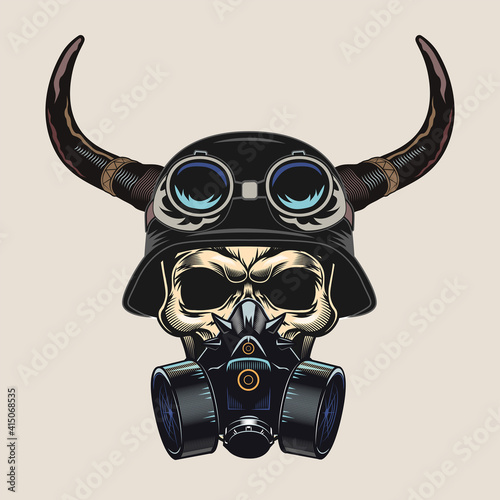 Colorful sticker with skull in respirator and helmet. Retro design element with skull wearing helmet with horns vector illustration. Bikers club and freedom concept for tattoo, stamp, print template