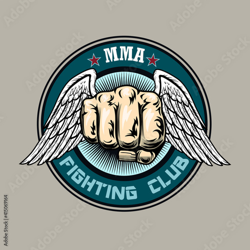 Trendy emblem for MMA fighting club. Colored round design elements with fist and angel wings. Sport activity or martial arts concept for stamp, label, sign template