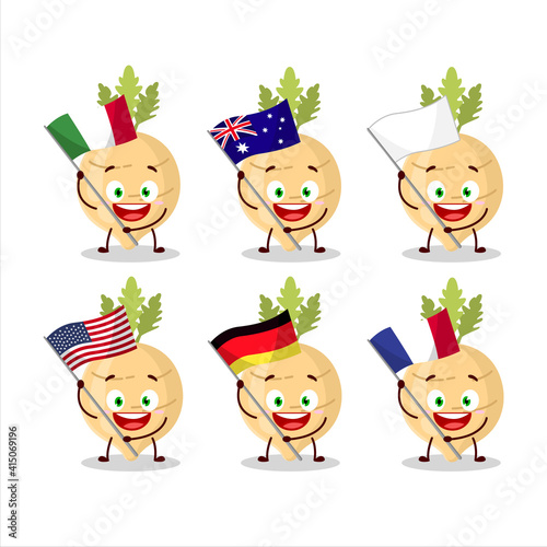 Radish cartoon character bring the flags of various countries