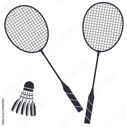 Two badminton rackets and a shuttlecock. Black illustration isolated on white background.