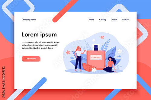 Women enjoying perfume smelling, sitting and standing near spray flask of deodorant with flower fragrance. Vector illustration for aroma, perfumery shop, cosmetics concept.