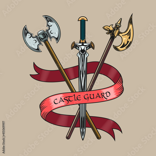 Trendy vintage badge with medieval weapon vector illustration. Colorful skull, helmet and googles. Medieval history and heraldry concept for tattoo, stamp, print template