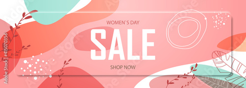 womens day 8 march holiday celebration vibrant sale banner flyer or greeting card with decorative leaves and hand drawn textures horizontal vector illustration