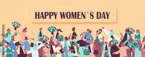 mix race women holding bouquets womens day 8 march holiday celebration concept portrait horizontal vector illustration