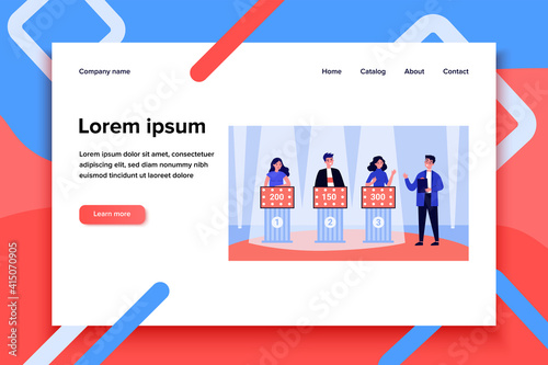 Young people playing television quiz game with showman isolated flat vector illustration. Cartoon participant of TV program answering questions. Puzzle, competition and show concept